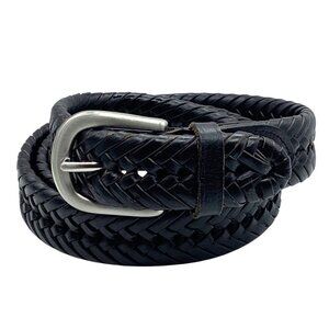 Vtg Black Genuine Leather Braided Belt Silver Buckle 40/100 Unisex Adjustable